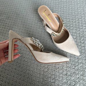 Floresa Light Nude Suede Rhinestone Pointed-Toe Mule Pumps
